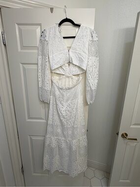 Gianni Bini White Eyelet Long-Sleeve Maxi Dress with Cutout Waist